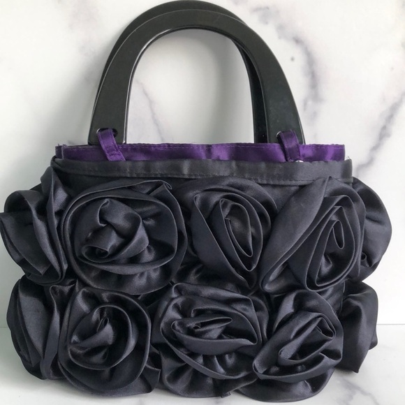 For Your Ease Only Handbags - For Your Ease Only Black Satin Rosettes Evening Purse Handbag